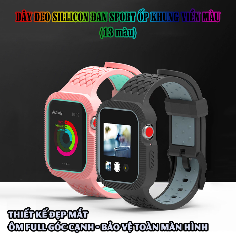 Dây Đeo liền ốp cho dành Apple Watch 7/6/5/4/3/2/1 size 38/40/41/42/44/45mm Đan Sport silicon khung viền màu - nhiều màu (tặng cường lực dẻo theo size)