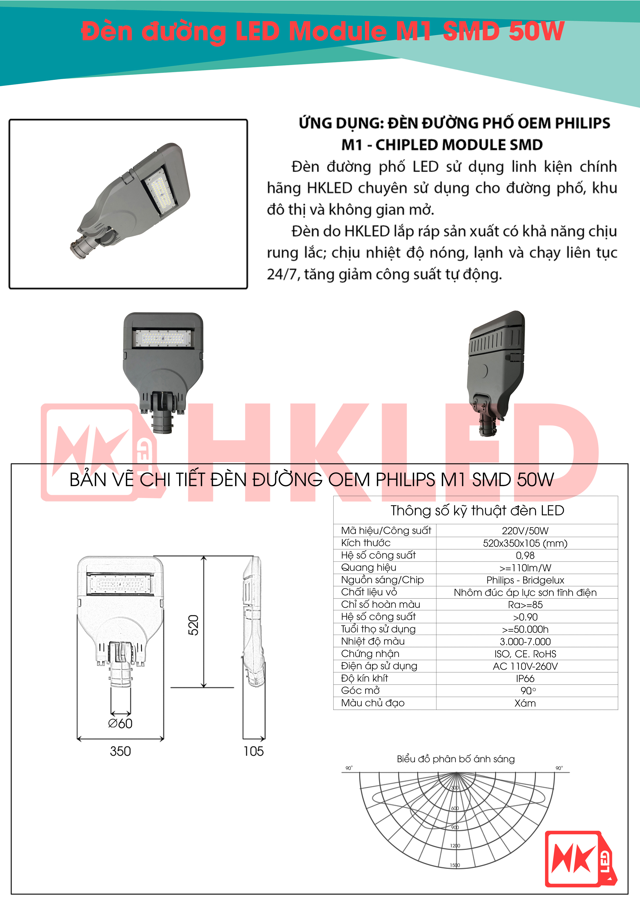 HKLED - Đèn đường phố OEM Philips Module M1 Driver DONE công suất 50W - DDM01M050