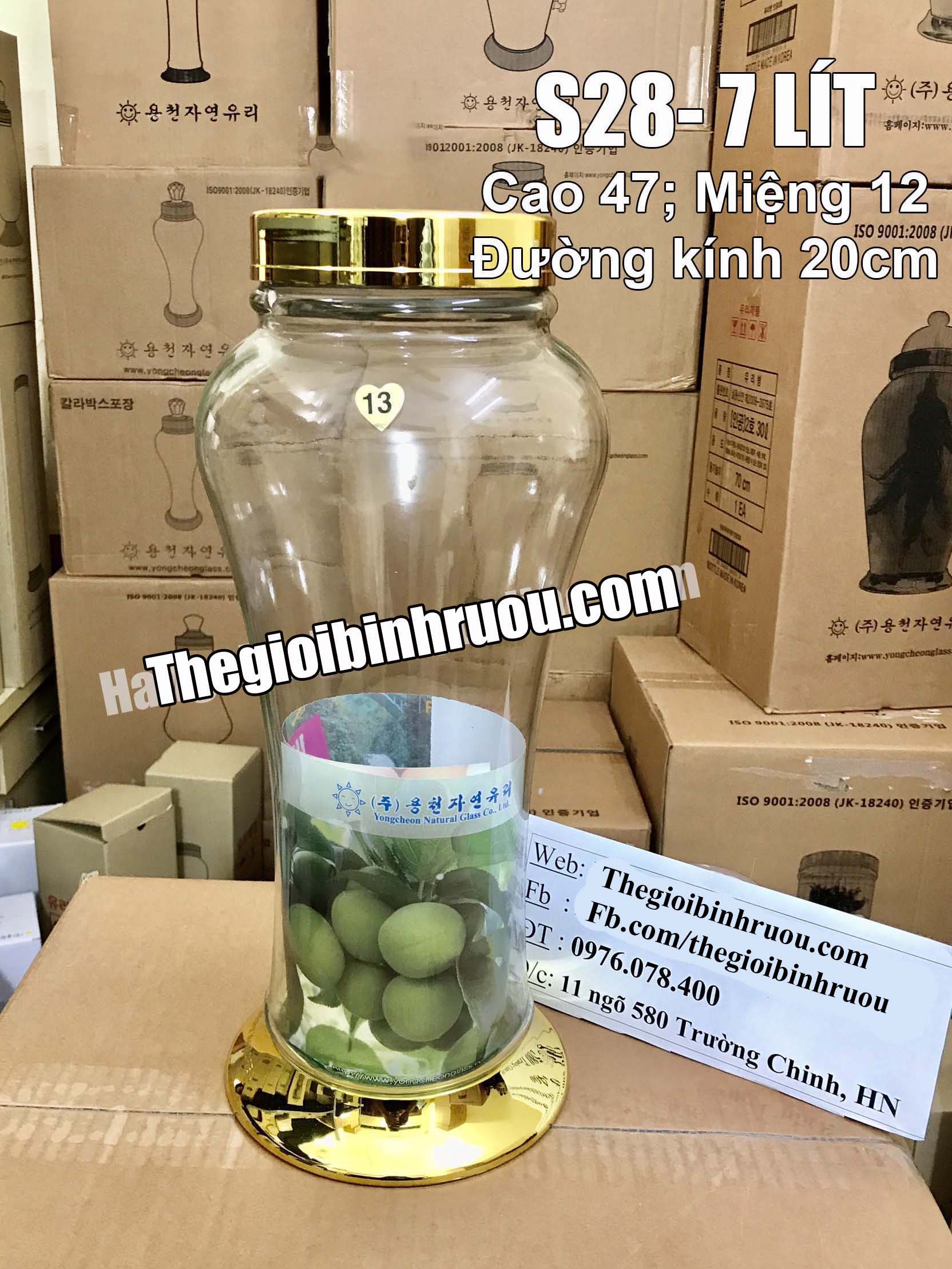 Bình Thủy Tinh Ngâm Rượu Hàn Quốc 7L - Bình Bầu Nắp Bằng