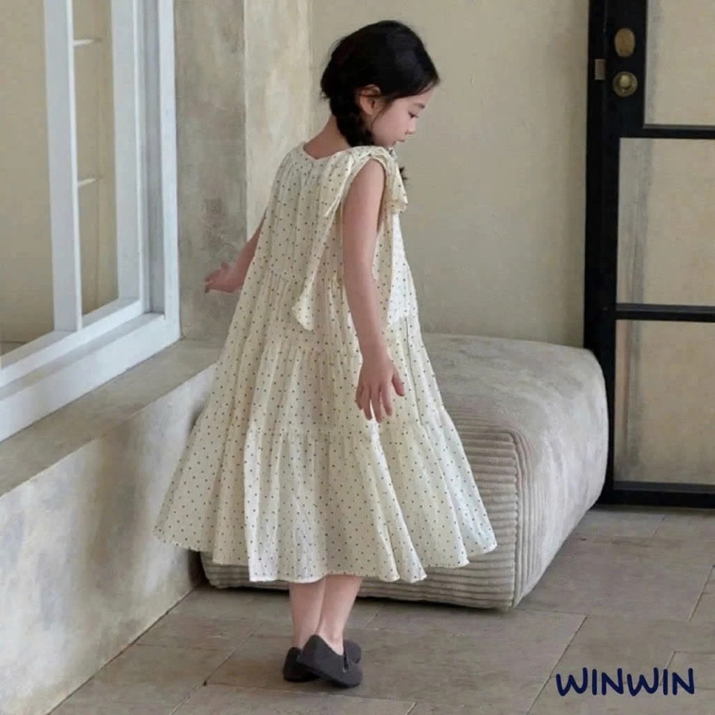 Đầm Xòe Bé Gái Dáng Babydoll Chấm Bi Nơ Vai Cực Xinh Từ 12-36kg Dành Cho Bé Gái