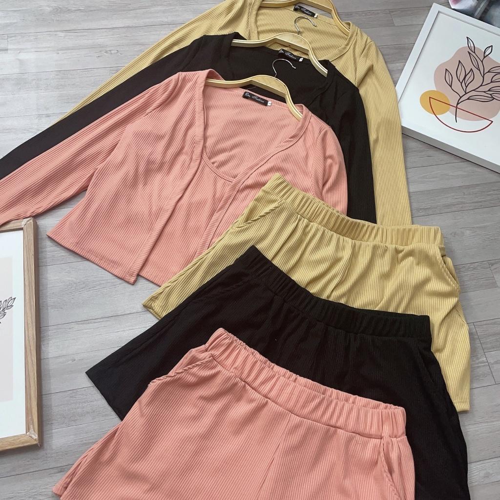 Set 3 món bigsize nữ gồm áo khoác ngoài và áo dây và quần đùi lưng thun chất liệu gân co giã mát mẻ SET12
