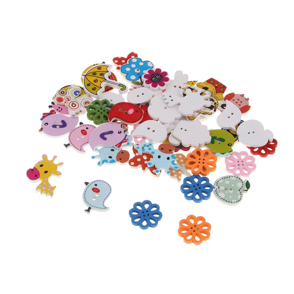 Gói 50 Chiếc Hoạt Hình Nút Gỗ May Tôn Dáng Thêu Sò Tự Làm