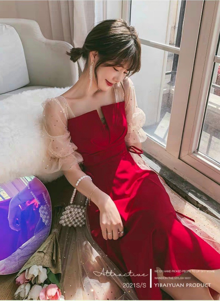 ĐẦM PHỐI LƯỚI KIM SA CỘT NƠ EO   MÀU Y HÌNH