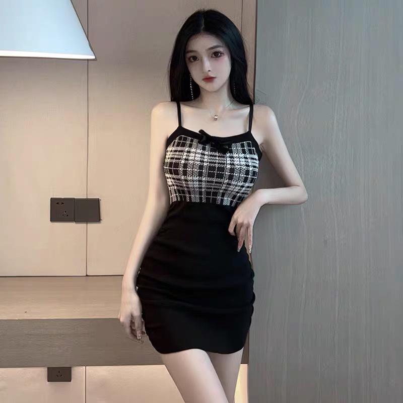 Váy hai dây len dệt kim ôm body phối caro rút dây (kèm nơ)- Đầm len dáng ôm co dãn Quảng Châu