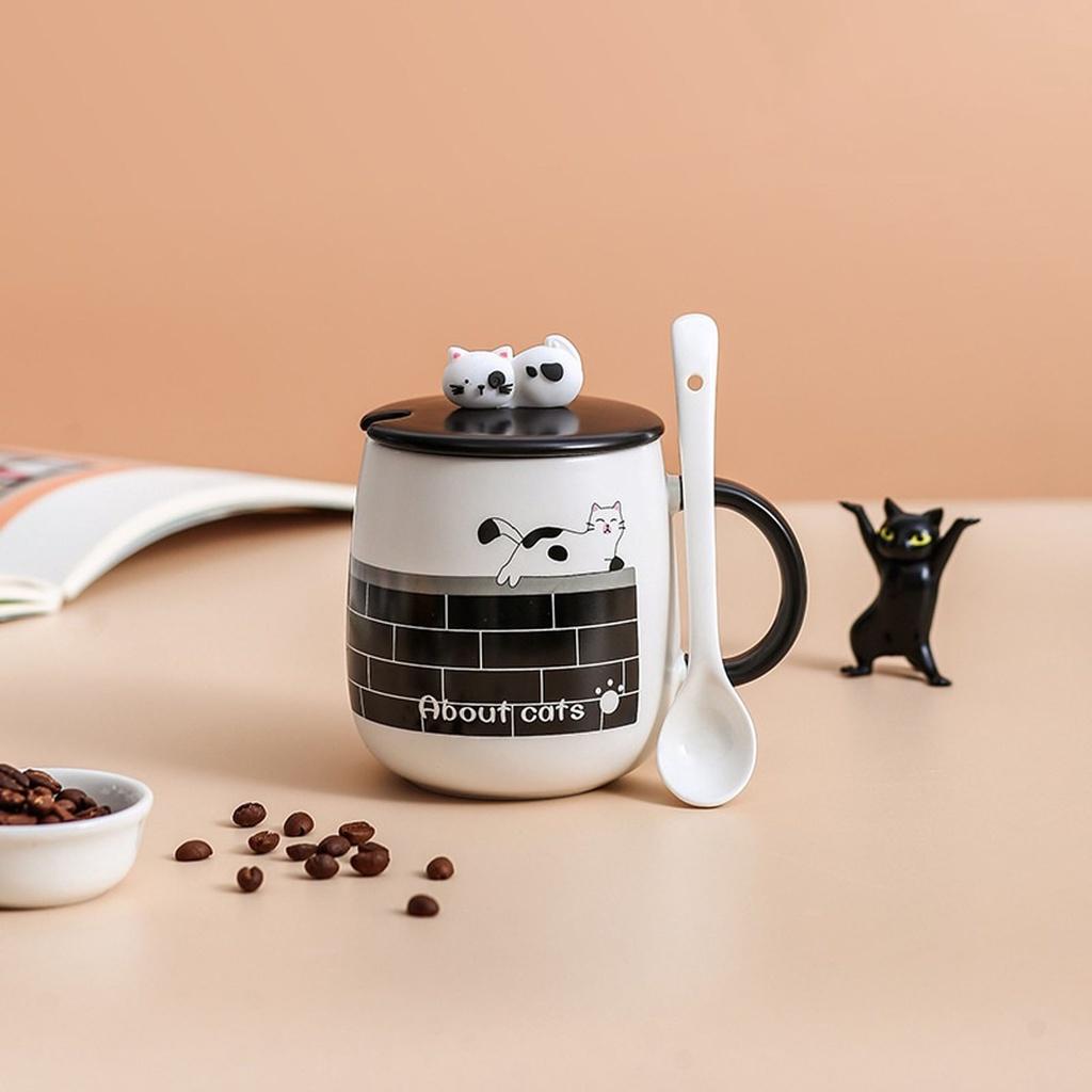 Bộ cốc sứ, Cốc đánh răng, Quà lưu niệm, cute kèm nắp hình mèo và muỗng dễ thương 450ml