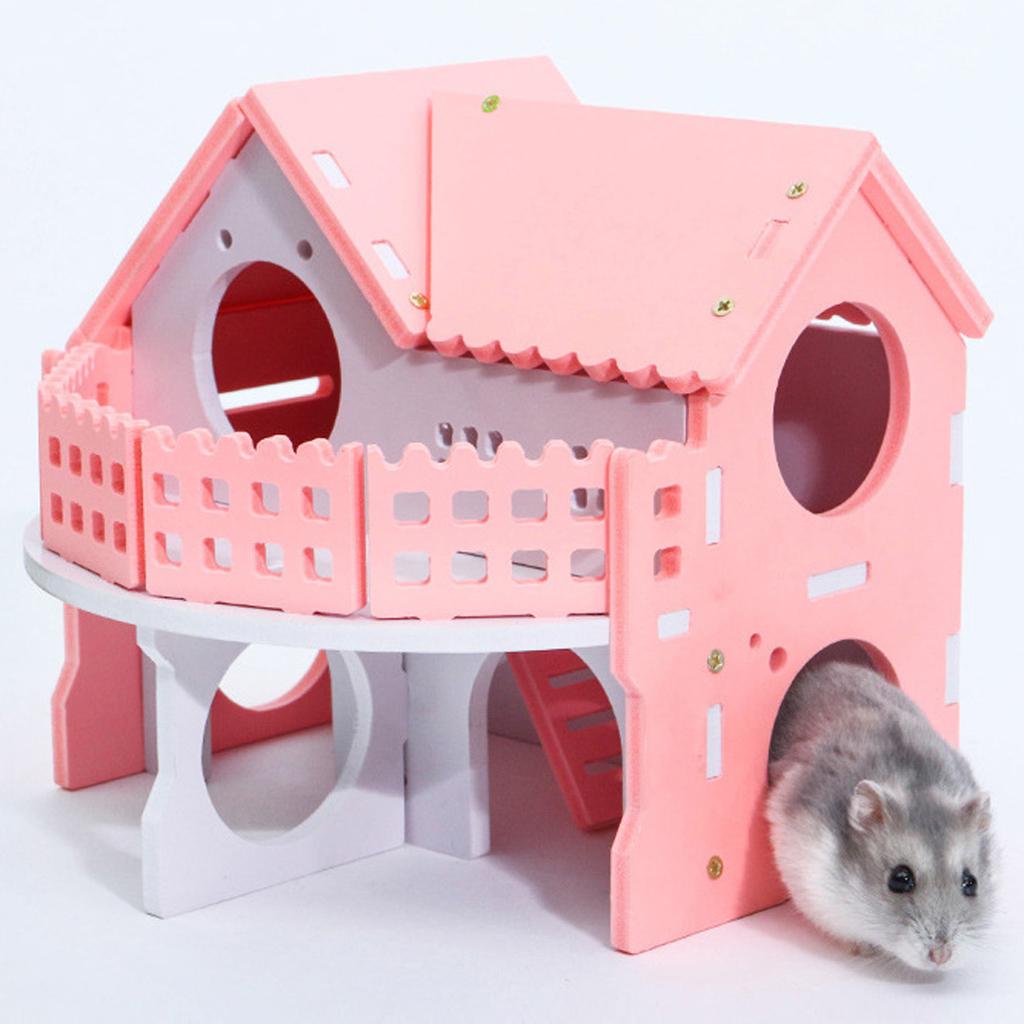 Double Layers Hamster Wooden Pink Villa House Small Pet Hideout Rats Home
