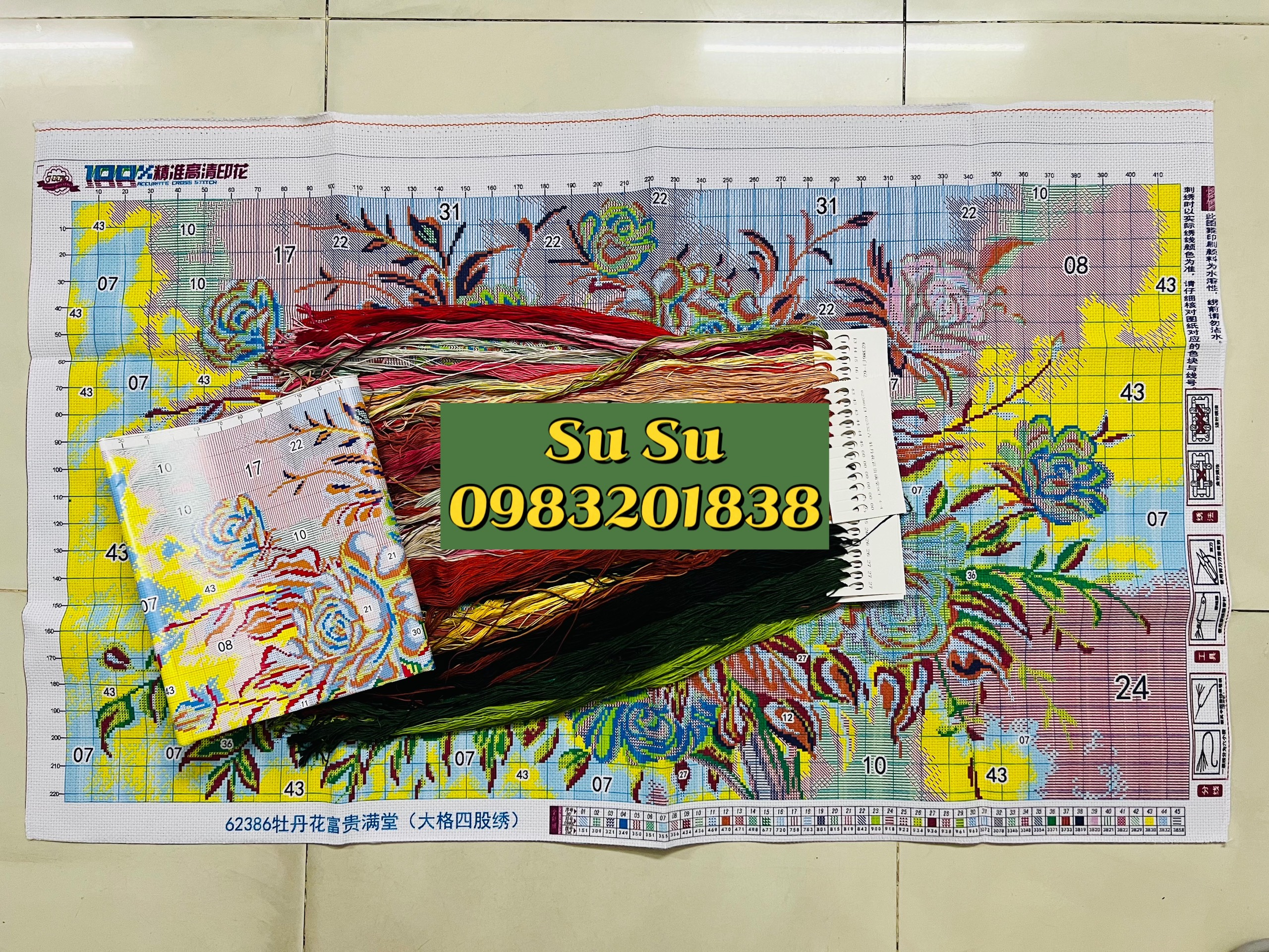 Tranh thêu kín Hoa mẫu đơn 62386, thêu 4 sợi, 9CT, kích thước 130*75 cm