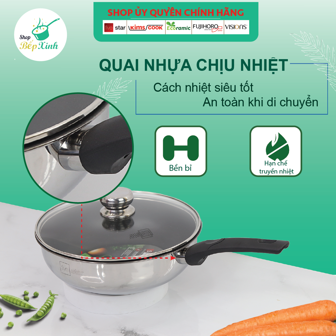 Chảo inox chống dính sâu lòng có nắp kính cao cấp Fivestar 24cm , 26cm  , tặng 1 sạn dừa , tay cầm cách nhiệt