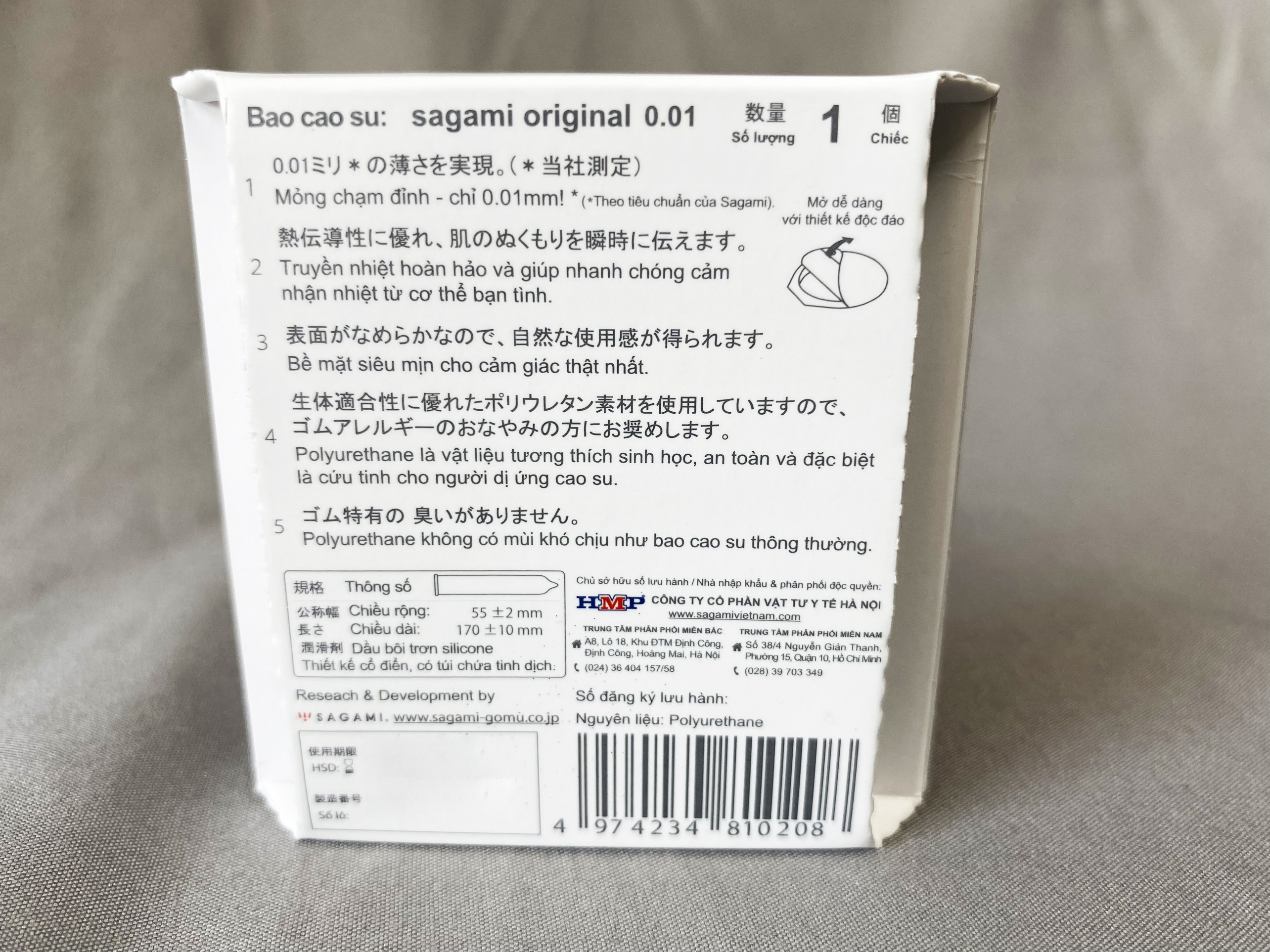 Bao cao su Sagami Original 0.01 (H1) - Non Latex - Siêu Mỏng - Truyền Nhiệt Nhanh - Chống Dị Ứng - Nhập Khẩu Chính Hãng - Che Tên Sản Phẩm