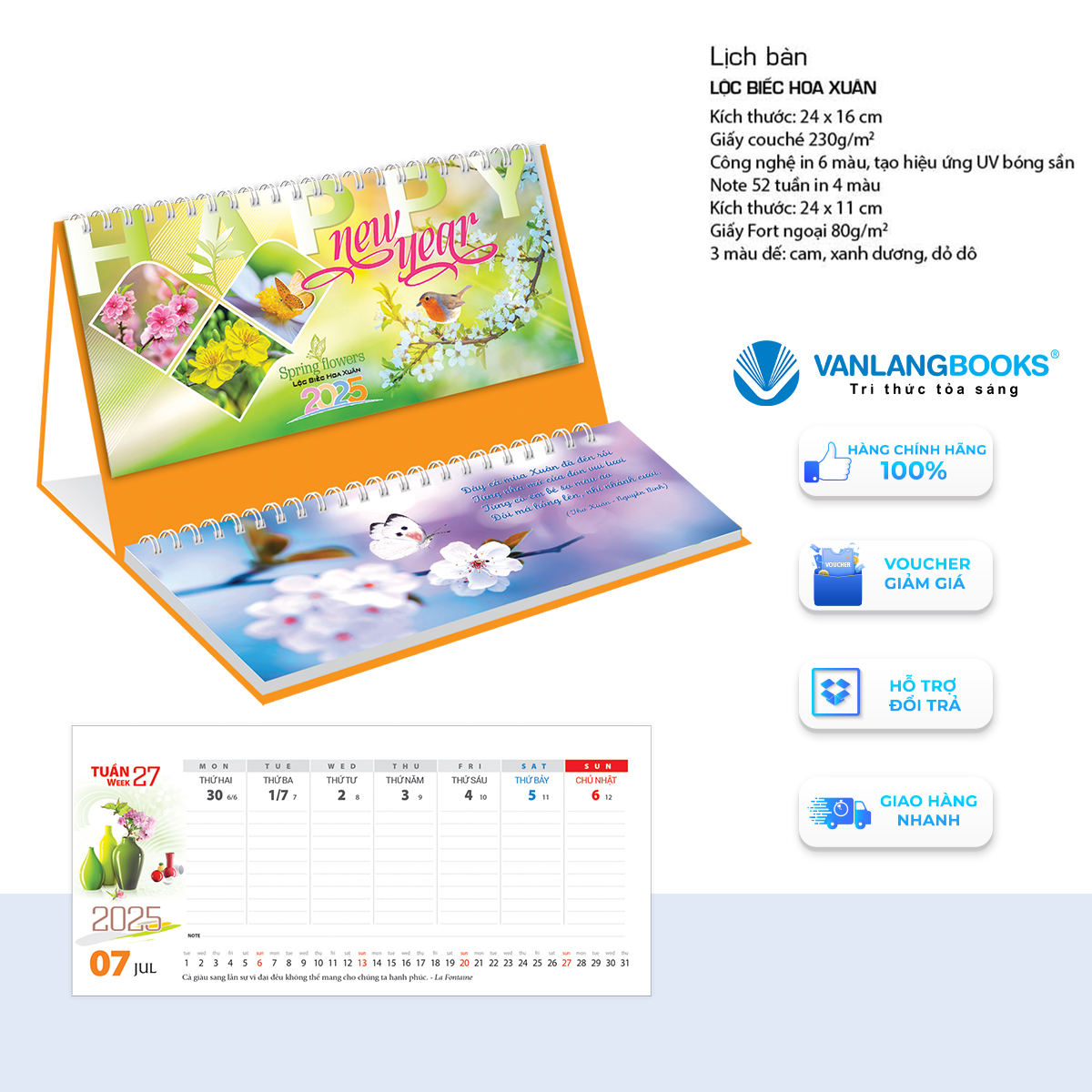 Lịch 2025 Lịch Bàn Có Note - Lộc Biếc Hoa Xuân - VLLB16 - Lịch Văn Lang - Cam