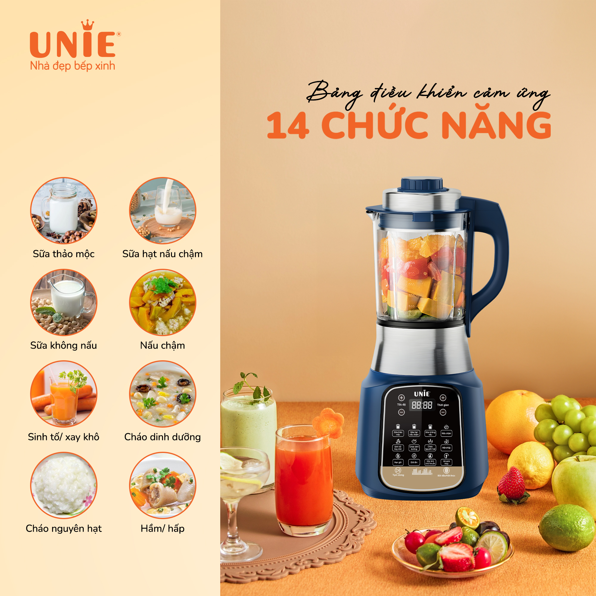 Máy làm sữa hạt Unie VX, thiết kế độc đáo, lưỡi dao 8 cánh inox 304, cối thủy tinh 5 lớp bền bỉ 1.75L, 14 chức năng cao cấp, công nghệ chống trào,  động cơ 1800w siêu khỏe, siêu bền an toàn- hàng chính hãng