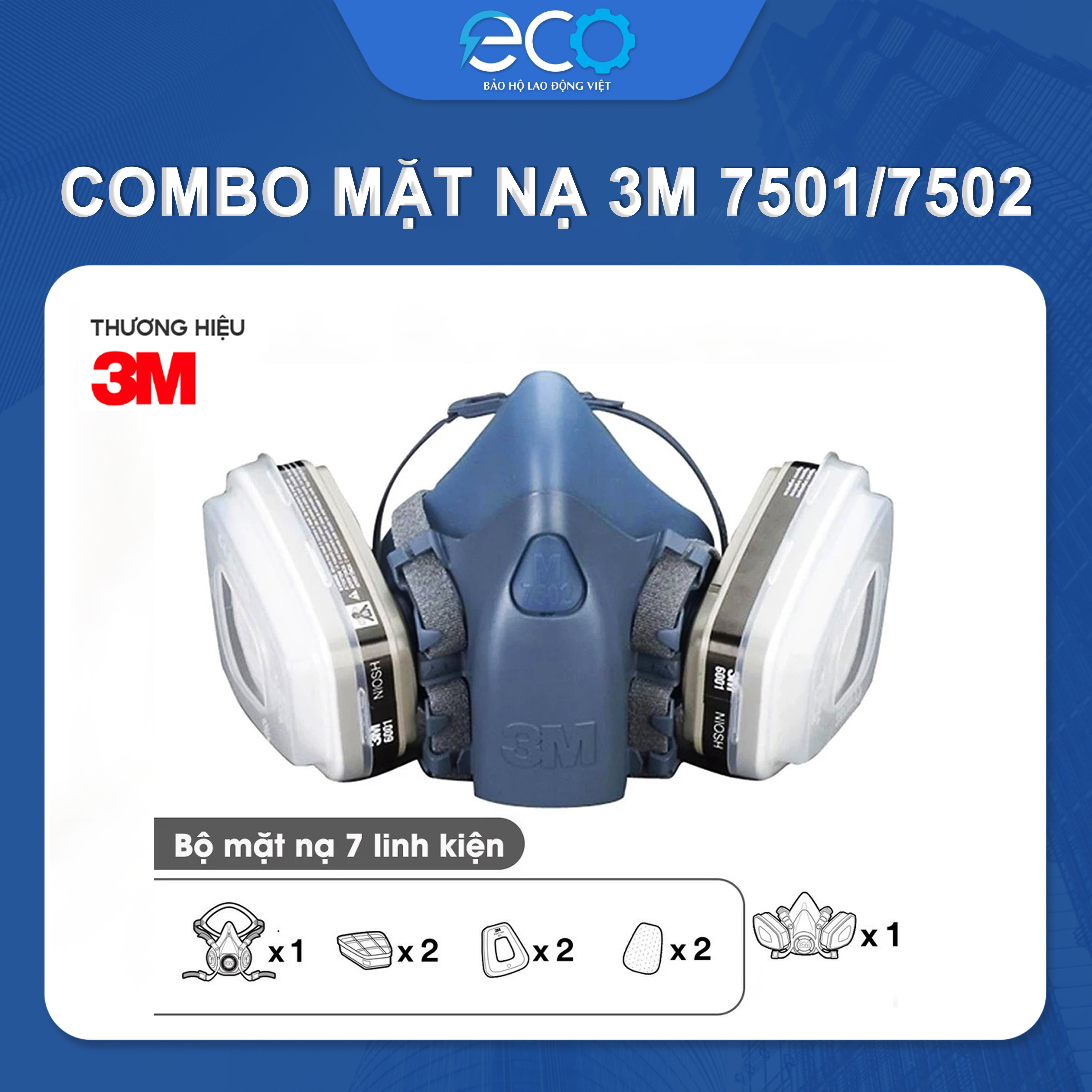 Combo (7 món) mặt nạ phòng độc 3M 7501, 7502 kết hợp phin lọc 3M 6001, tấm lọc bụi 5N11 cùng nắp giữ 501 chính hãng, phun thuốc, phun sơn, lọc bụi mịn, vi rút