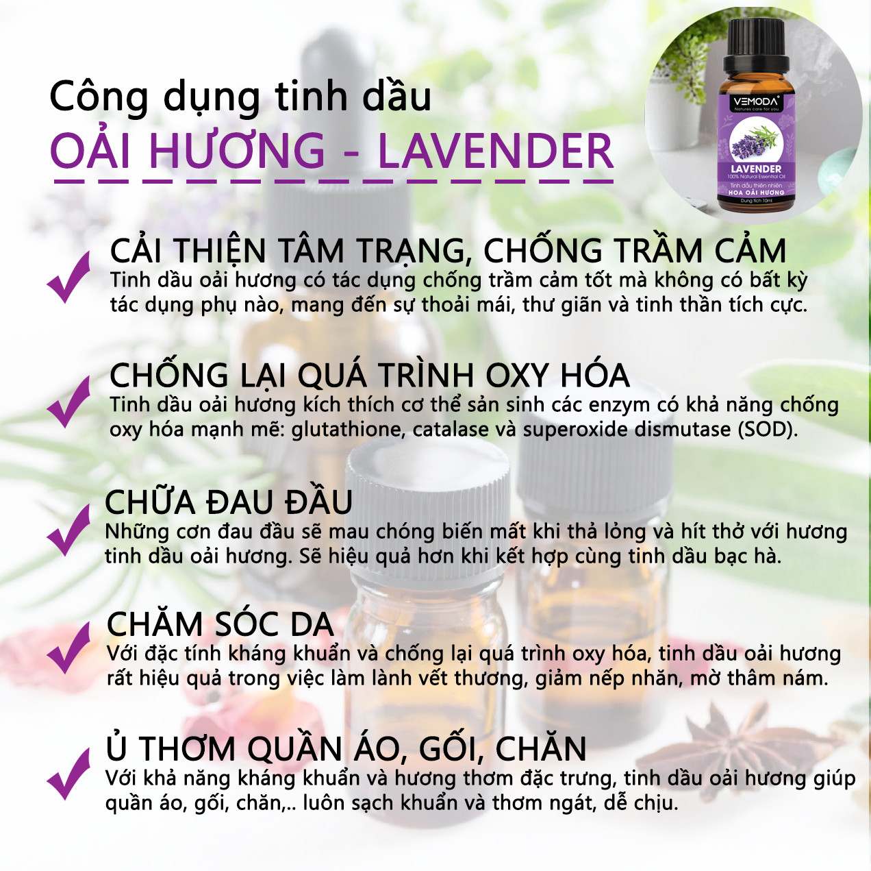 Tinh dầu Oải hương nguyên chất cao cấp Vemoda 10ML giúp thư giãn, chống lại quá trình oxy hóa, cải thiện tâm trạng, làm đẹp