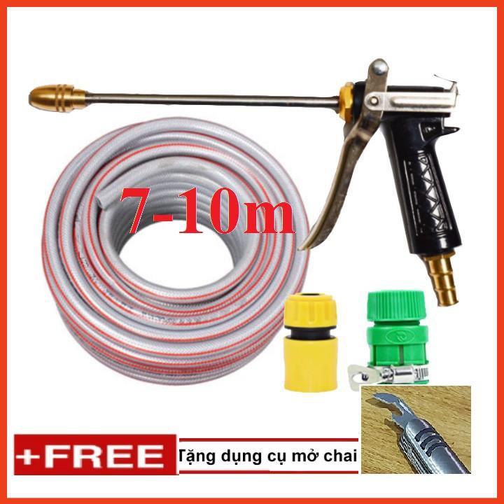 Bộ dây vòi xịt nước rửa xe, tưới cây . tăng áp 3 lần, loại 7m, 10m 206318 đầu đồng,cút,+ tặng mở chai