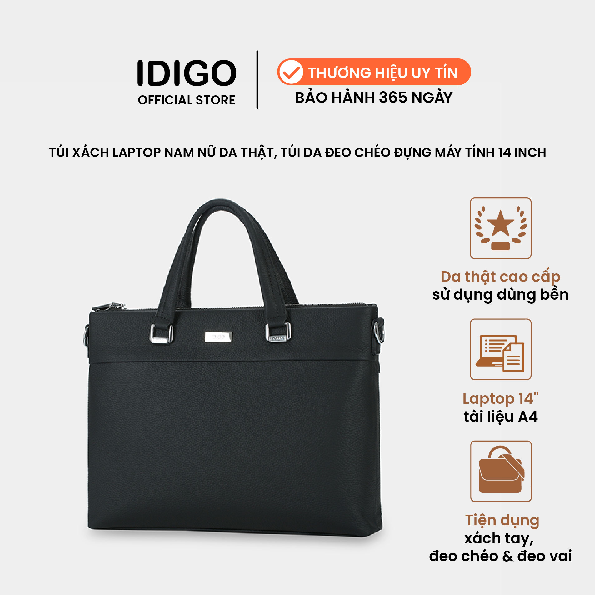Túi xách da bò công sở đựng laptop 14inch, túi da đeo chéo nam nữ đựng tài liệu A4 IDIGO MB1 - 16000