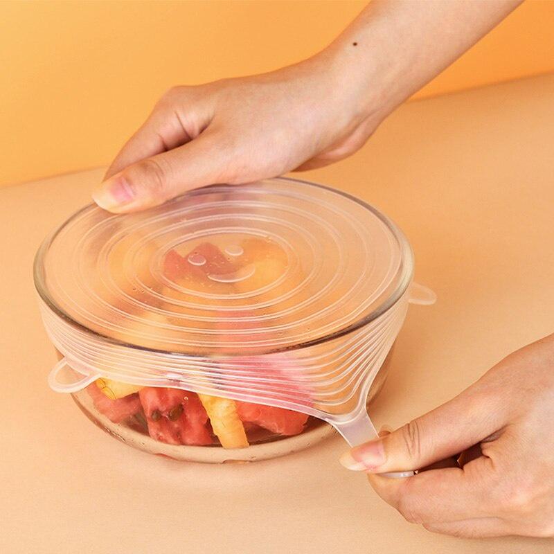 6 Pcs/ Set Food Silicone Cover Cap Keeping Fresh Seal Stretchy Wrap Cover Bowl Reusable Airtight Silicone Lids For Cookware Bowl
