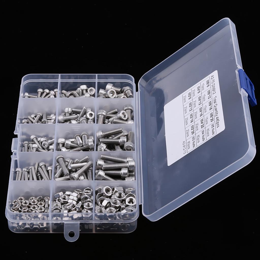 New 440pcs M3 M4 M5 304 Stainless Steel Hex Socket Head Bolts Screws Nuts Kit