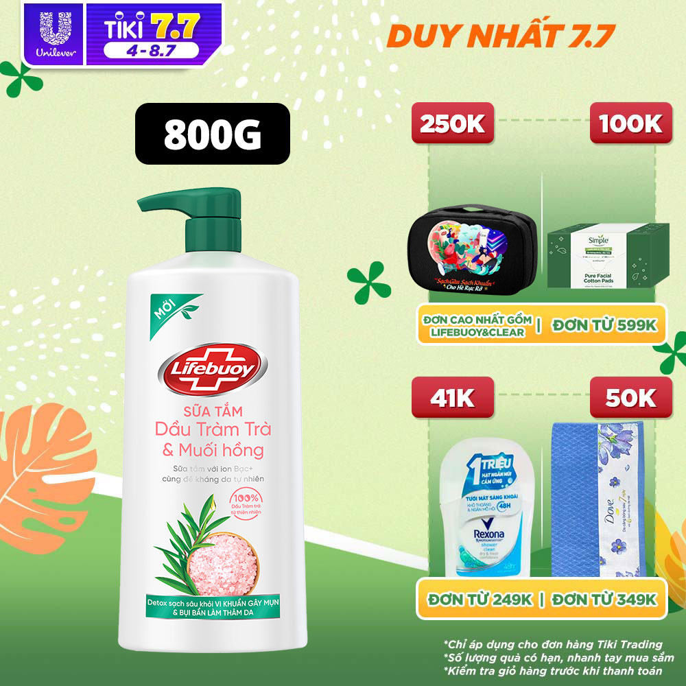 Sữa Tắm Lifebuoy Detox Và Sạch Sâu Khỏi Bụi Mịn Pm2.5 Và Vi Khuẩn Tràm Trà Muối Hồng 100% Từ Thiên Nhiên Chai 800G