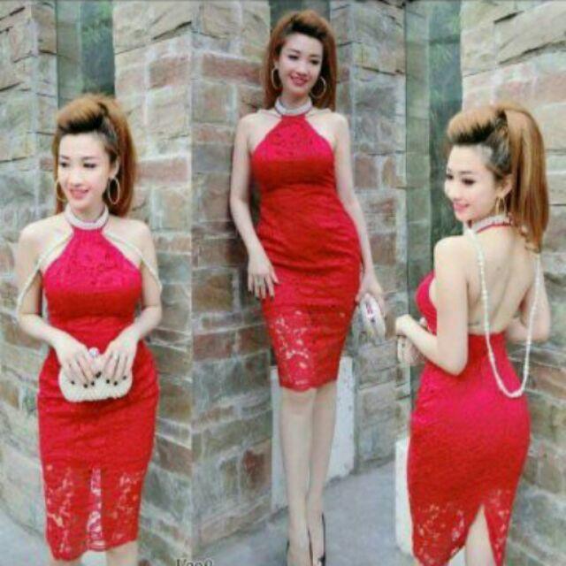 Đầm body yếm kết trân châu