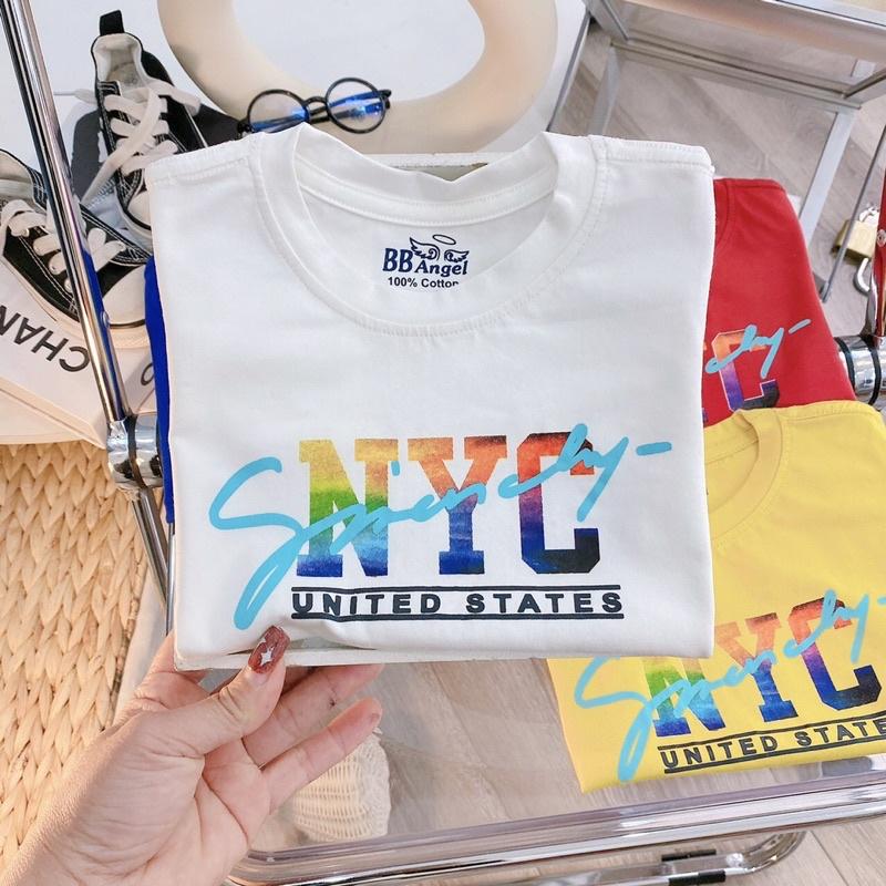 Áo cộc tay cotton bé trai in NYC cao cấp với bốn màu đỏ. trắng. xanh. vàng sz 23-35kg