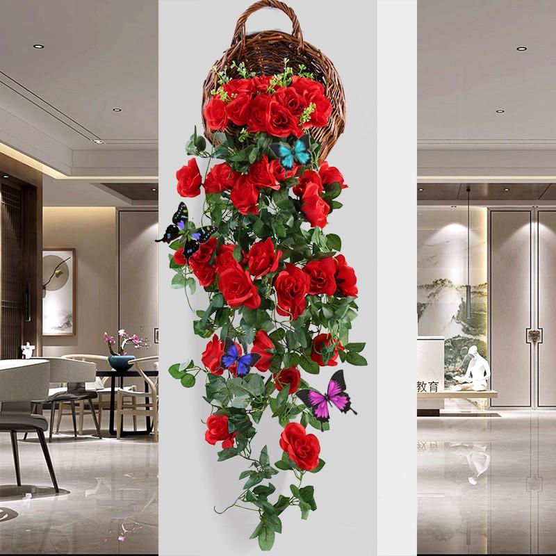 Chùm hoa hồng giả treo tường trang trí ban công, phòng khách, hành lang tiểu cảnh dài 100cm
