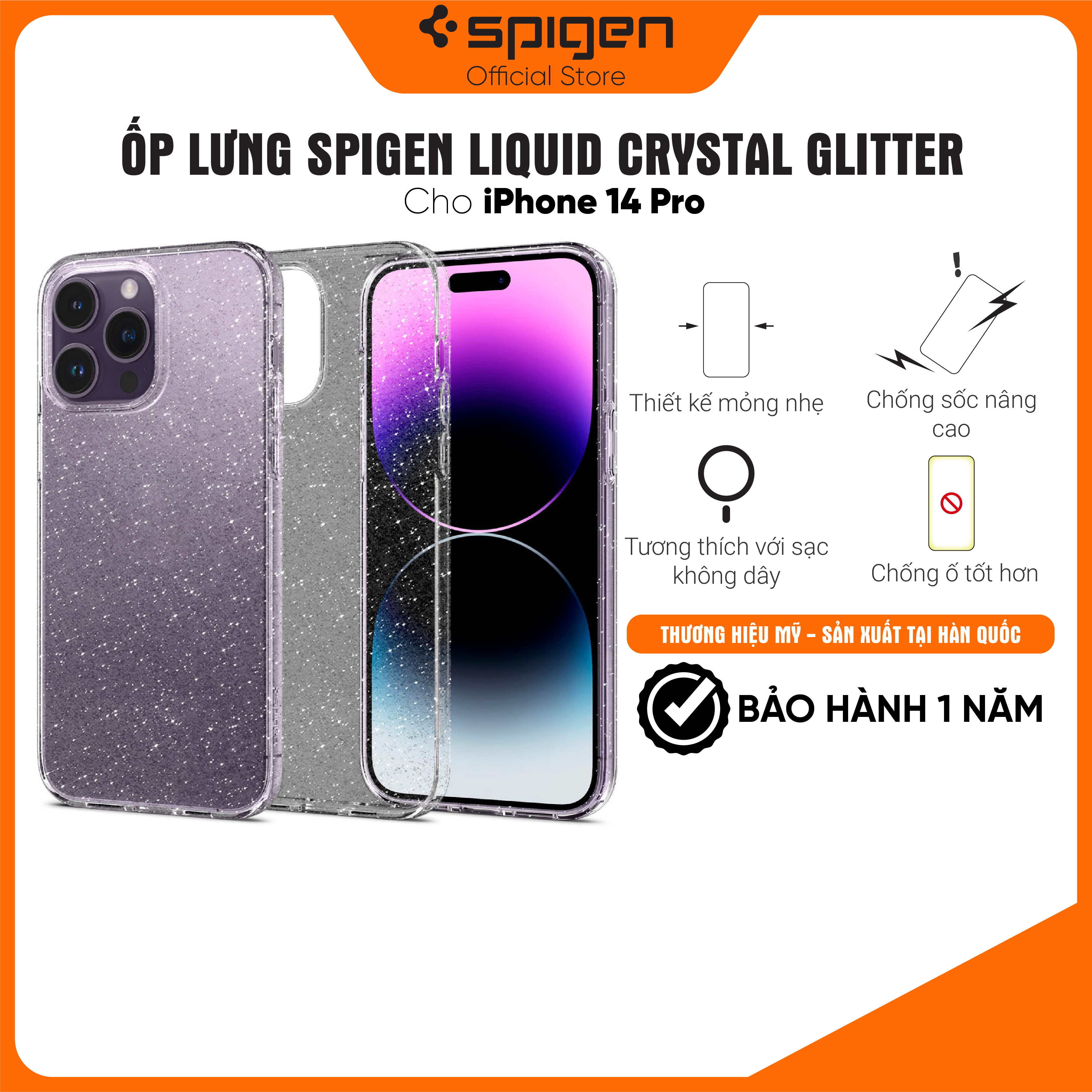 Ốp lưng Spigen Liquid Crystal Glitter Crytal Quartz cho iPhone 14 Plus/ 14 Pro/14 Pro Max - Thiết kế đẹp mắt, chống sốc, viền camera cao - Hàng chính hãng
