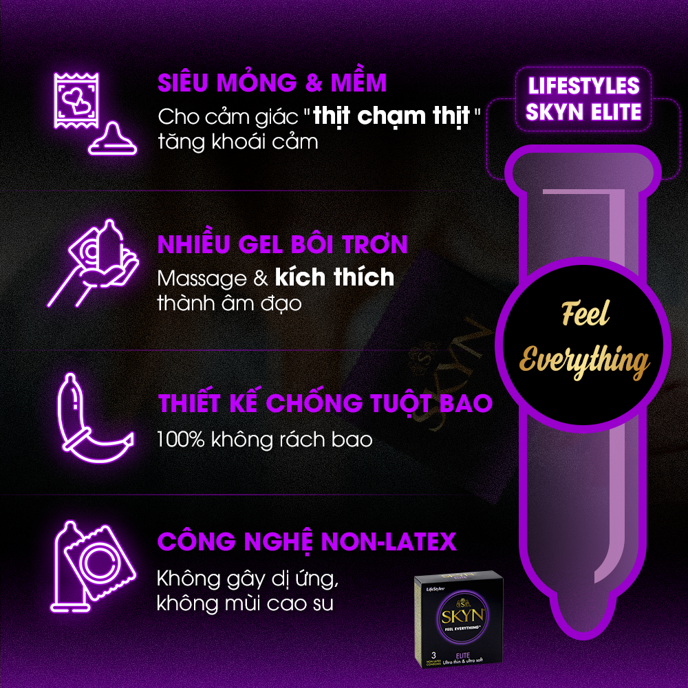 Combo 1 Hộp Bao Cao Su LifeStyles SKYN Elite Non-latex 3 bao + 1 Hộp Bao Cao Su LifeStyles Classic 12 bao