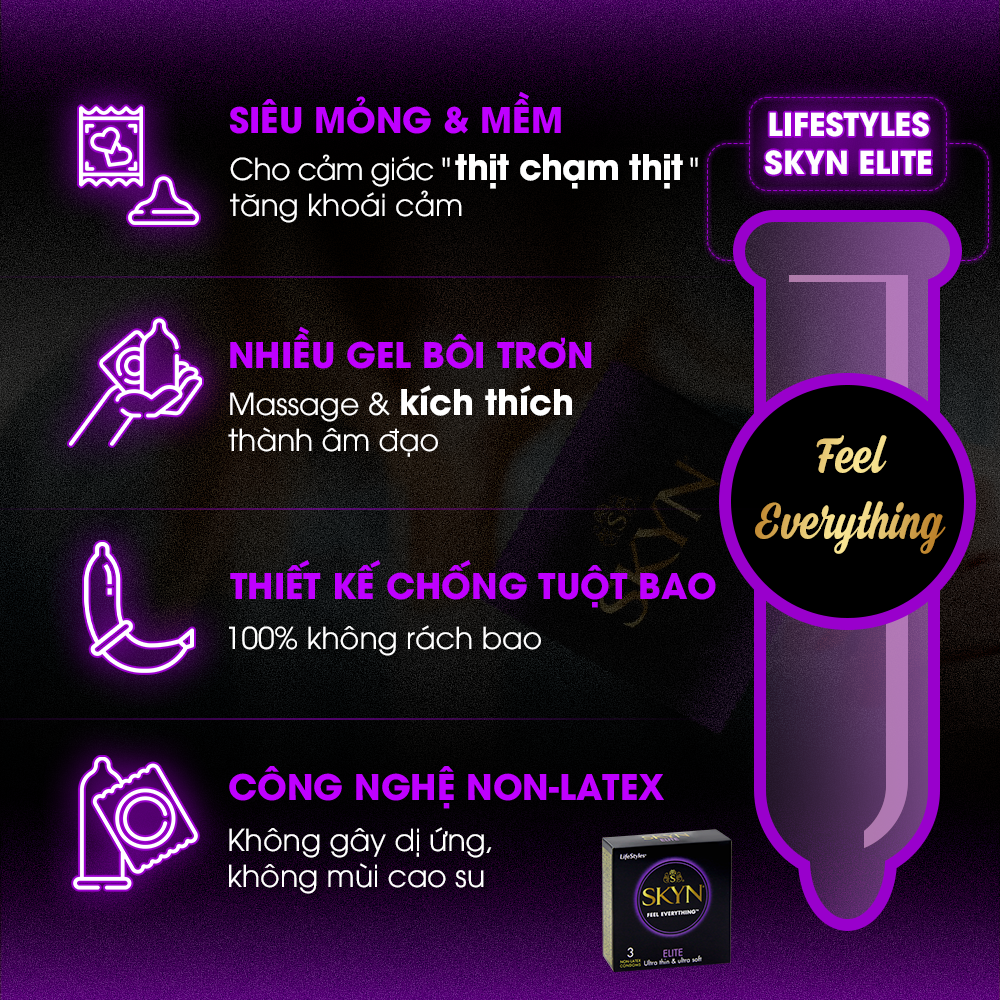 Bộ 2 Hộp Bao Cao Su LifeStyles SKYN ELITE Non-latex Siêu Mỏng Siêu Mềm Cao Cấp Hộp 3 bao