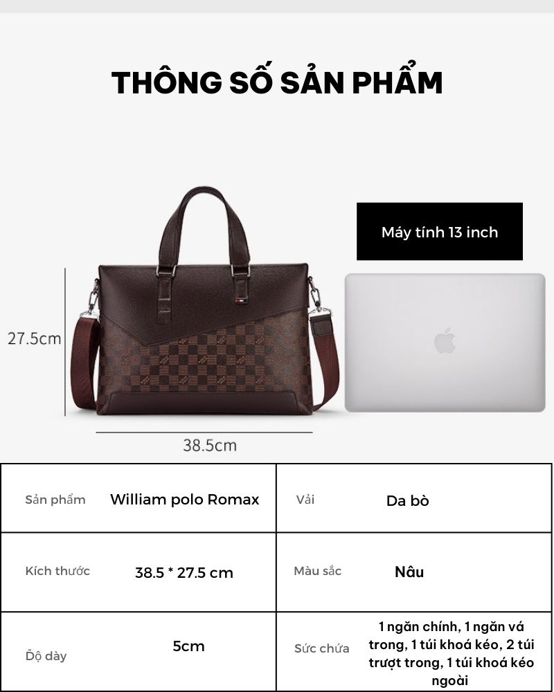 Túi Xách Da William polo Romax Cao Cấp, Da Bò Thật 100%, Màu Sắc Thanh Lịch GLH1144