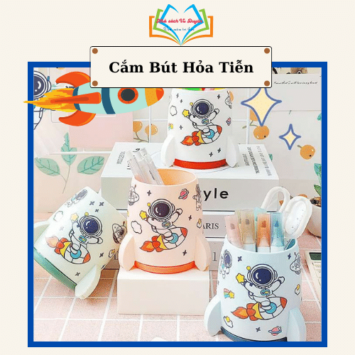 Ống cắm bút/Hộp đựng bút để bàn hỏa tiễn phi hành gia (tặng kèm sticker trang trí) văn phòng phẩm dễ thương