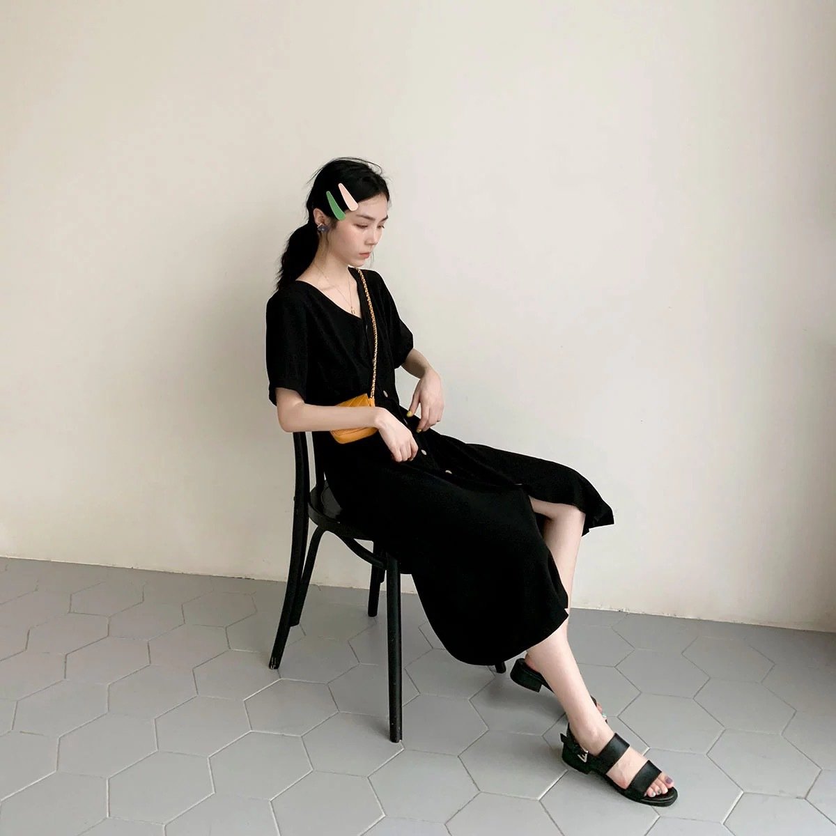 Váy sơ mi cổ V dáng suông dài basic vintage Hàn Quốc đơn giản nhẹ nhàng Đũi Việt DV194
