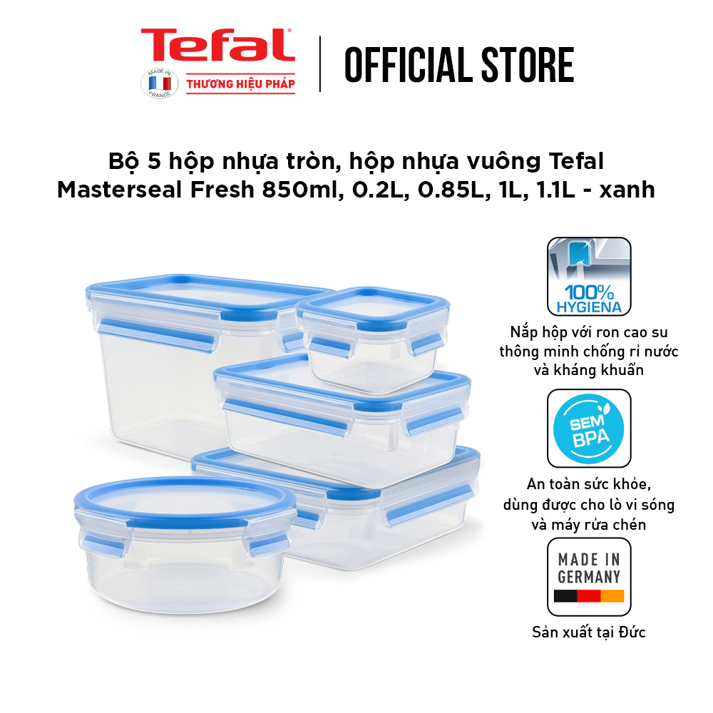 Bộ 5 hộp bảo quản thực phẩm nhựa BBA free, Tefal Masterseal Fresh, sản xuất tại Đức (850ml, 200ml, 850ml, 1000ml, 1100ml) - Hàng chính hãng