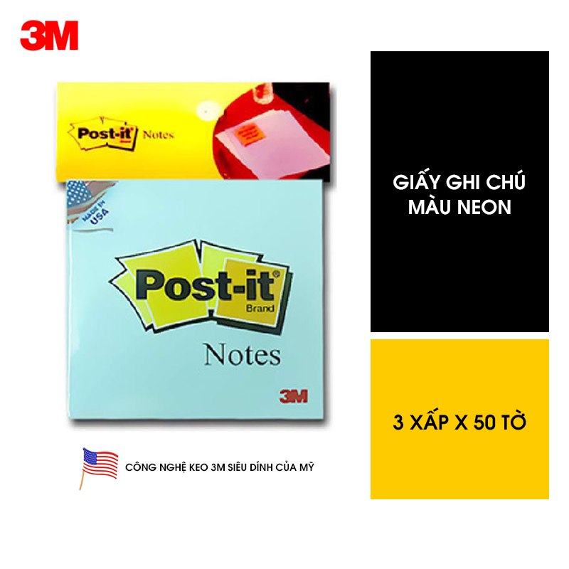 Combo 4 xấp Giấy ghi chú Post - it 3M 76x76mm màu Neon tươi sáng