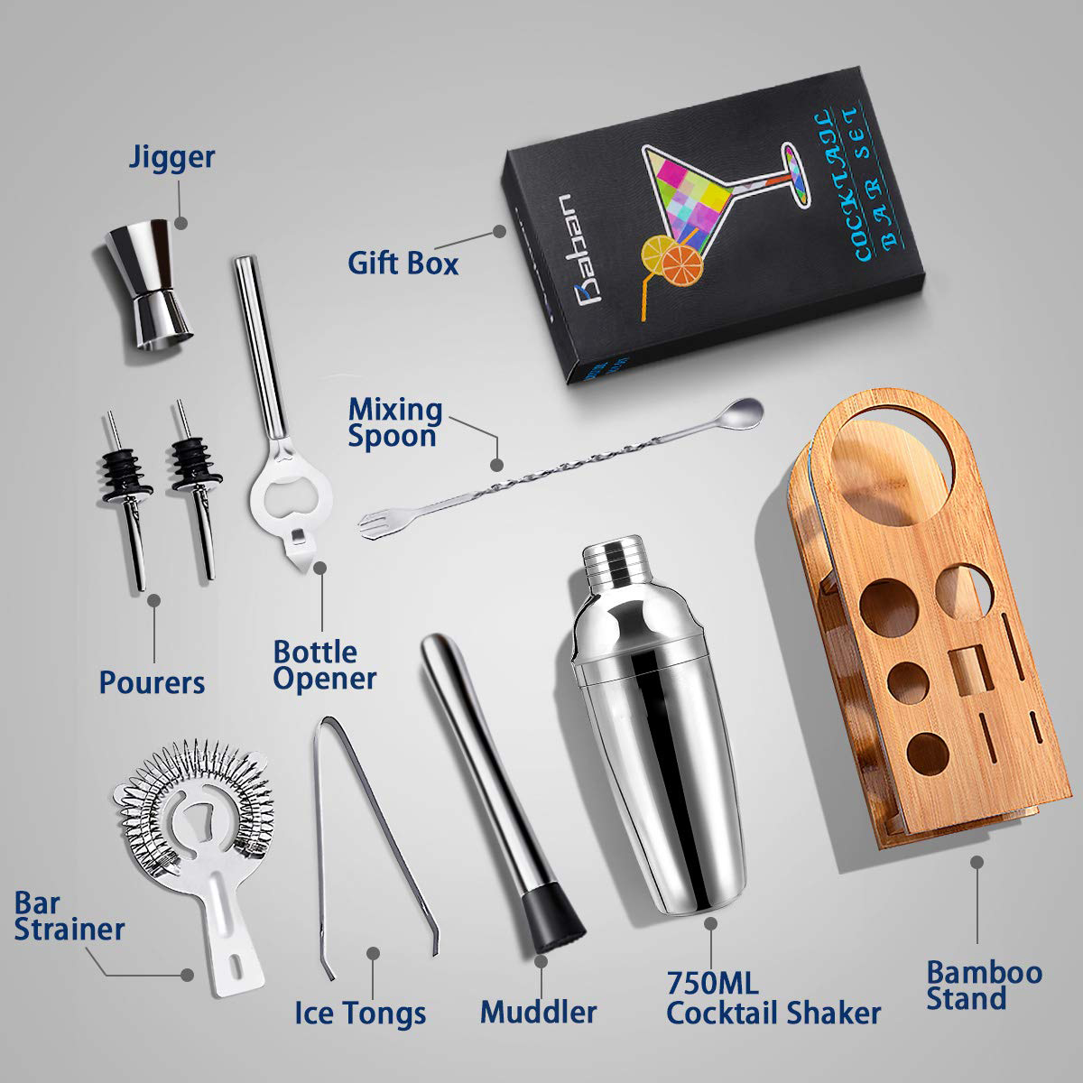 10pcs Cocktail Shaker Bartender Bar Stainless Steel Mixer Bar Bartender Set Kit