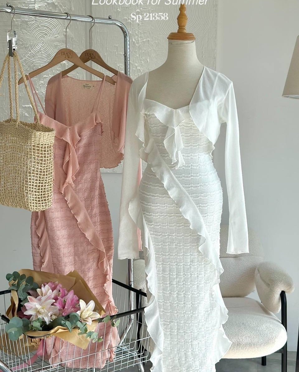 ĐẦM MIDI DÀI 2 DÂY CỔ U SUÔNG TRƠN ÔM BODY BÈO + KHOÁC LỬNG CARDIGAN HỒNG PASTEL ĐEN TRẮNG ĐI BIỂN DỰ TIỆC ĐI CHƠI DẠO PHỐ