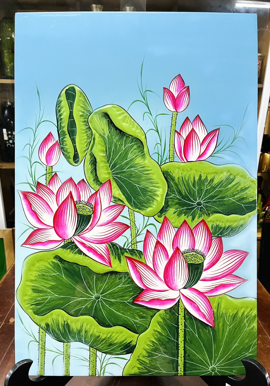 Tranh sơn mài hoa sen cao cấp Thanh Bình Lê size 40x60 cm hàng xuất khẩu đắp nổi dày dặn