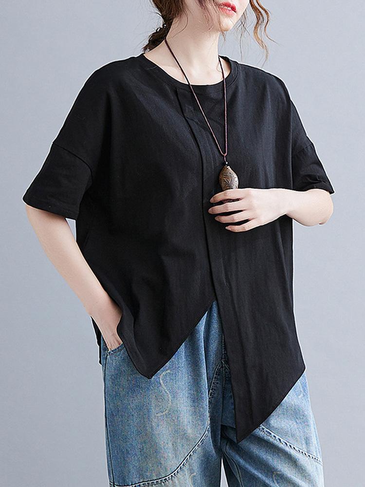 Fashion Women Solid Color T-shirt O Neck Short Sleeve Splicing Irregular Hem Loose Casual Shirt Top