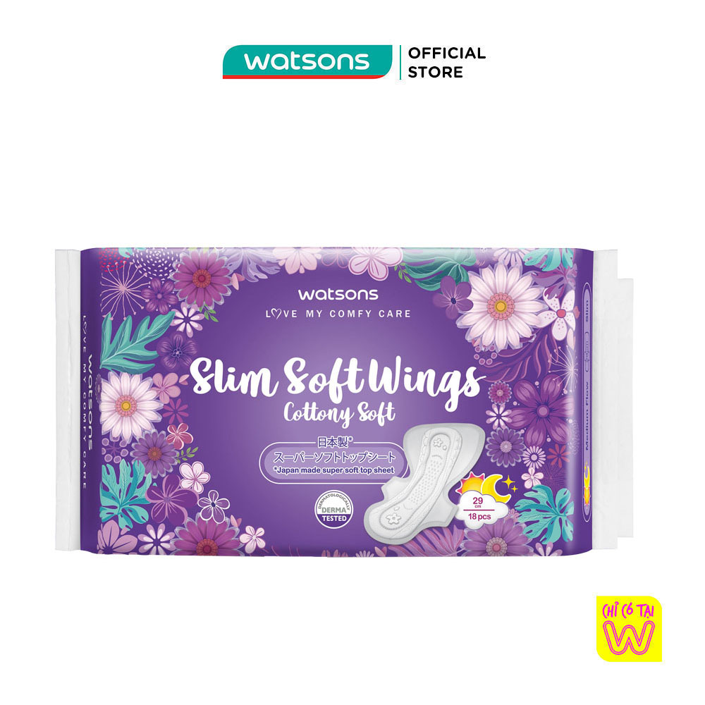 Băng Vệ Sinh Watsons Slim Soft Wing Cottony Soft 29cm Loại Mỏng Có Cánh Ngày Và Đêm 18 Miếng