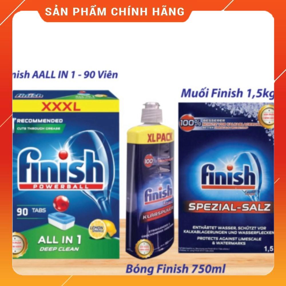 Combo rửa bát Finish: Hộp All In One 90 viên, Muối 1.5kg, Nước làm bóng 400ml - Nhập khẩu EU