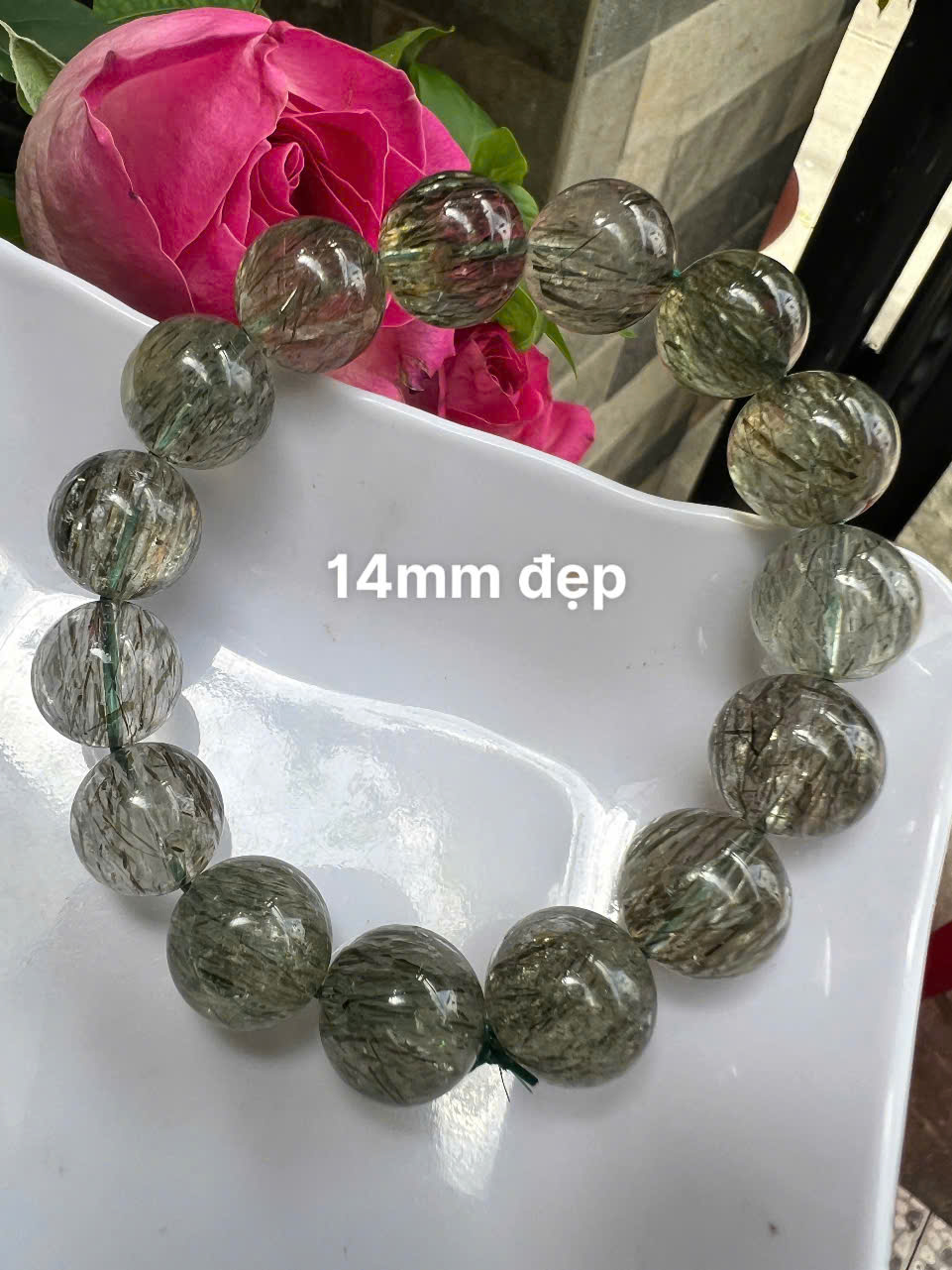 ️ Vòng Tay Chuỗi Nam Vip Size Hạt 14mm Đá Thạch Anh Tóc Xanh Tự Nhiên Trong Bóng Mượt Hợp Các Anh Nam mệnh Mộc Hỏa Thủy đeo đẹp may mắn tốt cho sức khỏe công việc hanh thông ạ