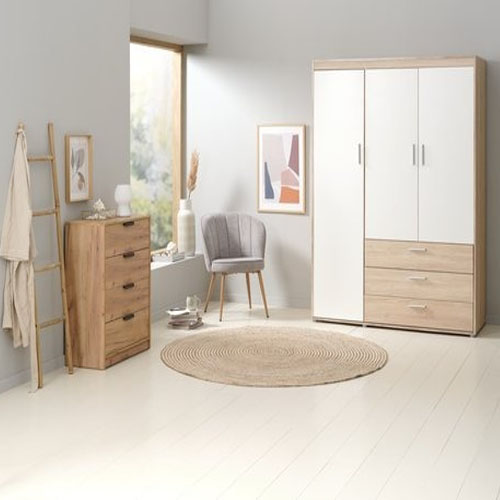 Tủ quần áo | JYSK Birkkelse | 3 cánh gỗ công nghiệp màu trắng/sồi | 150x198x60cm