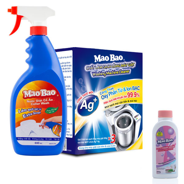 Combo 01 Hộp 3 gói Chất Làm Sạch Lồng Giặt Mao Bao Ag+ (918g) + 01 chai Nước Giặt Cổ Áo 600ml - Tặng 01 chai Nước Giặt Kháng Khuẩn 200g