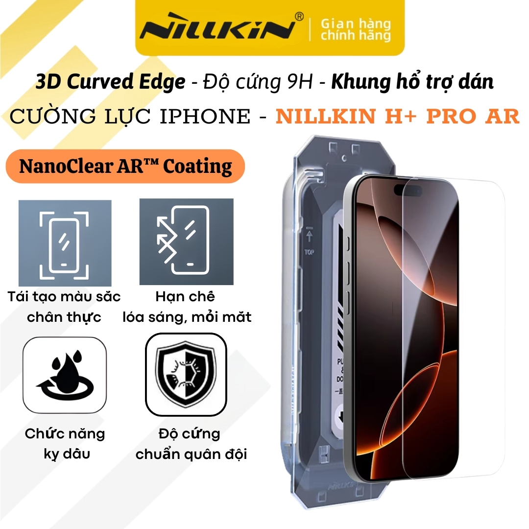 Dán kính cường lực kèm khung hỗ trợ dán chống chói NanoClear AR Coating Nillkin Amazing H+ PRO AR cho iPhone 17 Pro Max / Air - độ mỏng 0.2 mm chống bể chống bụi chống va đập màn hình, khung hỗ trợ dán - Hàng nhập khẩu