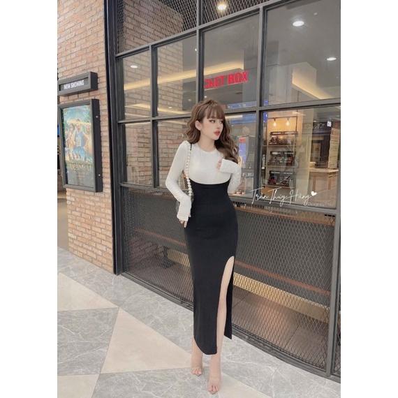 Sét áo cổ tròn tay dài kèm đầm 2 dây xẻ tà cực sexy sang chảnh