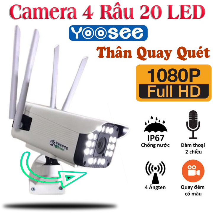 Camera wifi yoosee ngoài trời 20 LED 4 râu thân xoay Full HD 1080P Quay đêm có màu, Chống Nước đàm thoại 2 chiều , App ngôn ngữ tiếng Việt - Hàng Nhập Khẩu