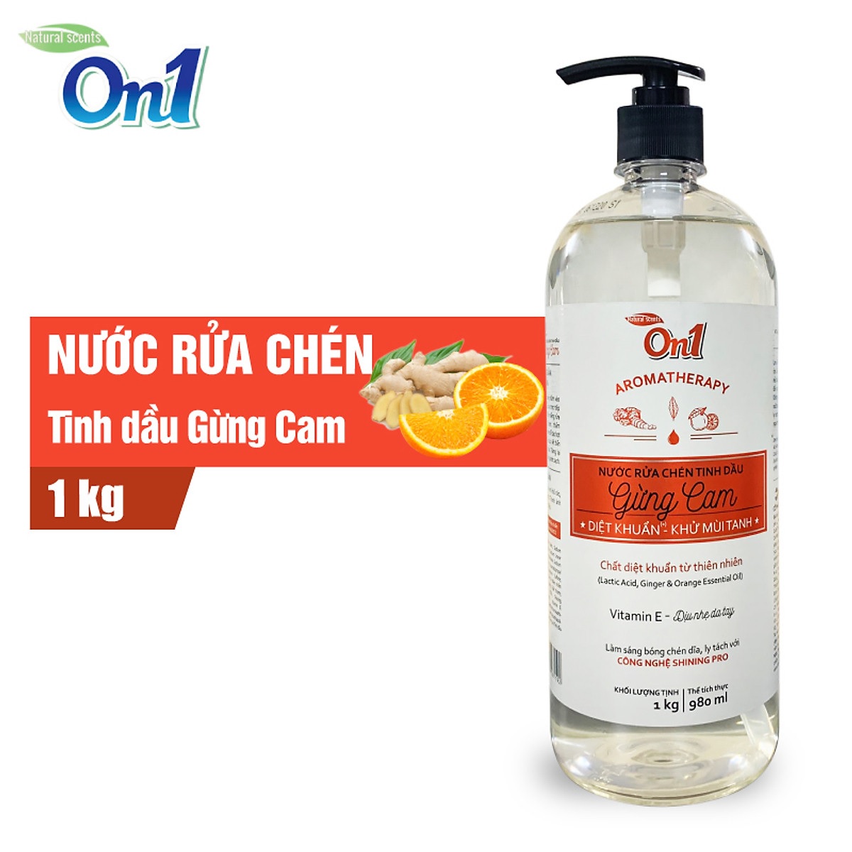 Nước rửa chén On1 tinh dầu hương gừng cam dung tích 1Kg N5603 - Sạch bóng vết dầu mỡ - Bảo vệ da tay