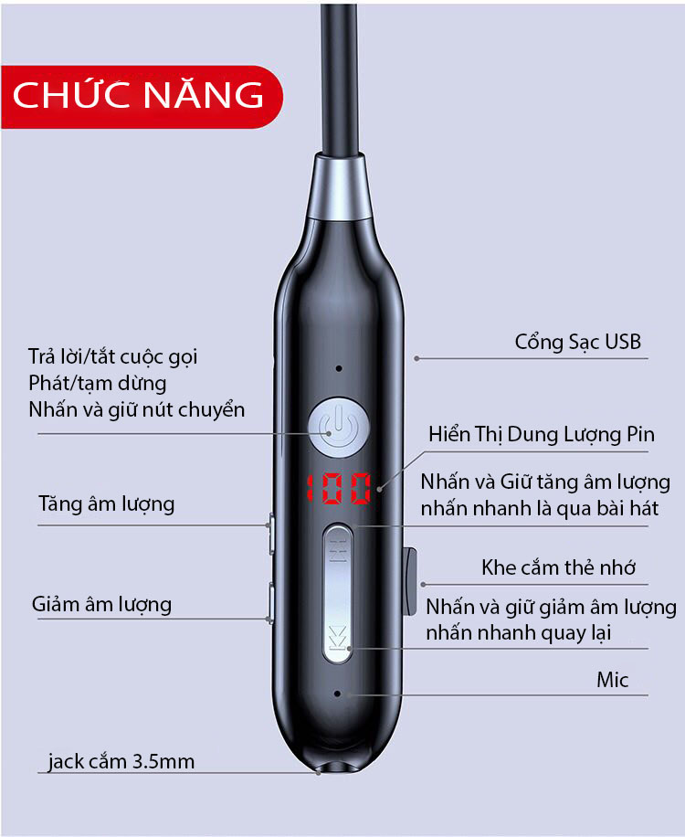 Tai nghe bluetooth không dây choàng cổ thể thao ANNCOE A880 - Bluetooth 5.0 - thời gian sử dụng 100 giờ liên tục - chống ồn -Hàng Chính Hãng