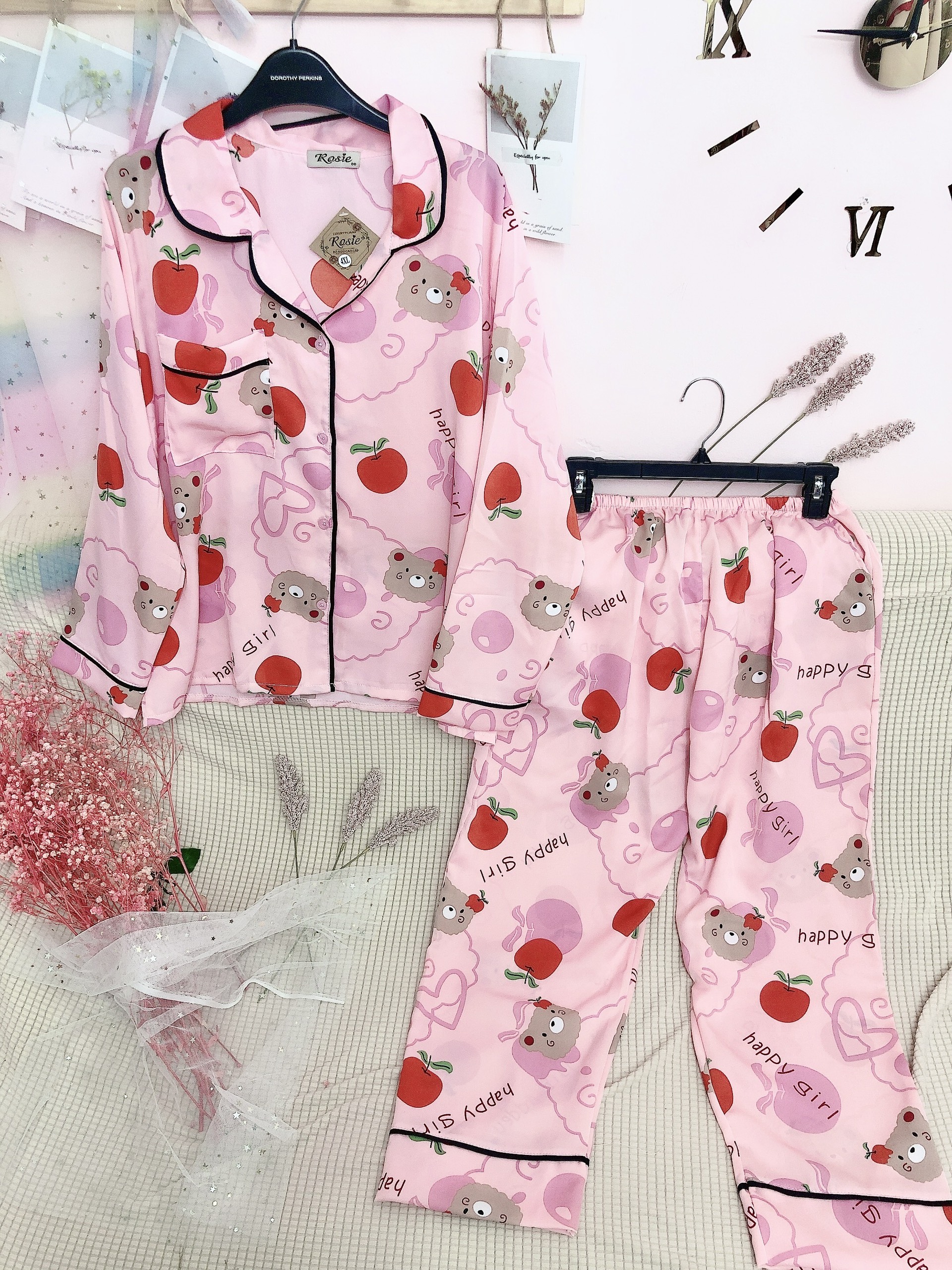 Đồ Bộ Pijama Lụa Mango Cao Cấp Tay Dài Quần Dài (gấu hồng/gấu đen/ô hồng) Bigsize 60-75Kg