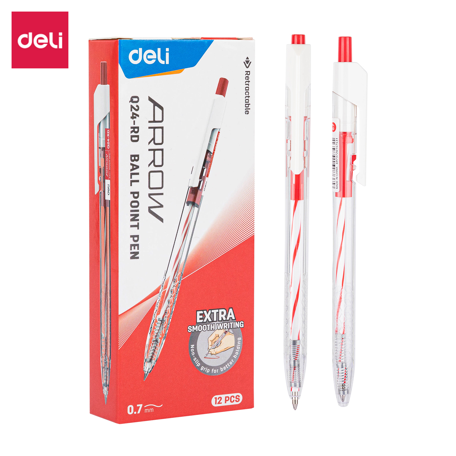 Combo 12 chiếc bút bi dầu dầu đầu ngòi 0.7mm bấm Deli - Mực xanh/đen/đỏ - EQ24