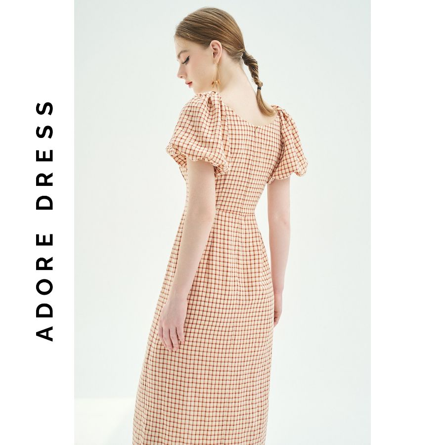 Đầm Midi dresses casual style thô karo cam Khuy bọc 311DR2038  ADORE DRESS